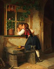 Fritz Sonderland : A boy and girl kissing in secret on a window pane.